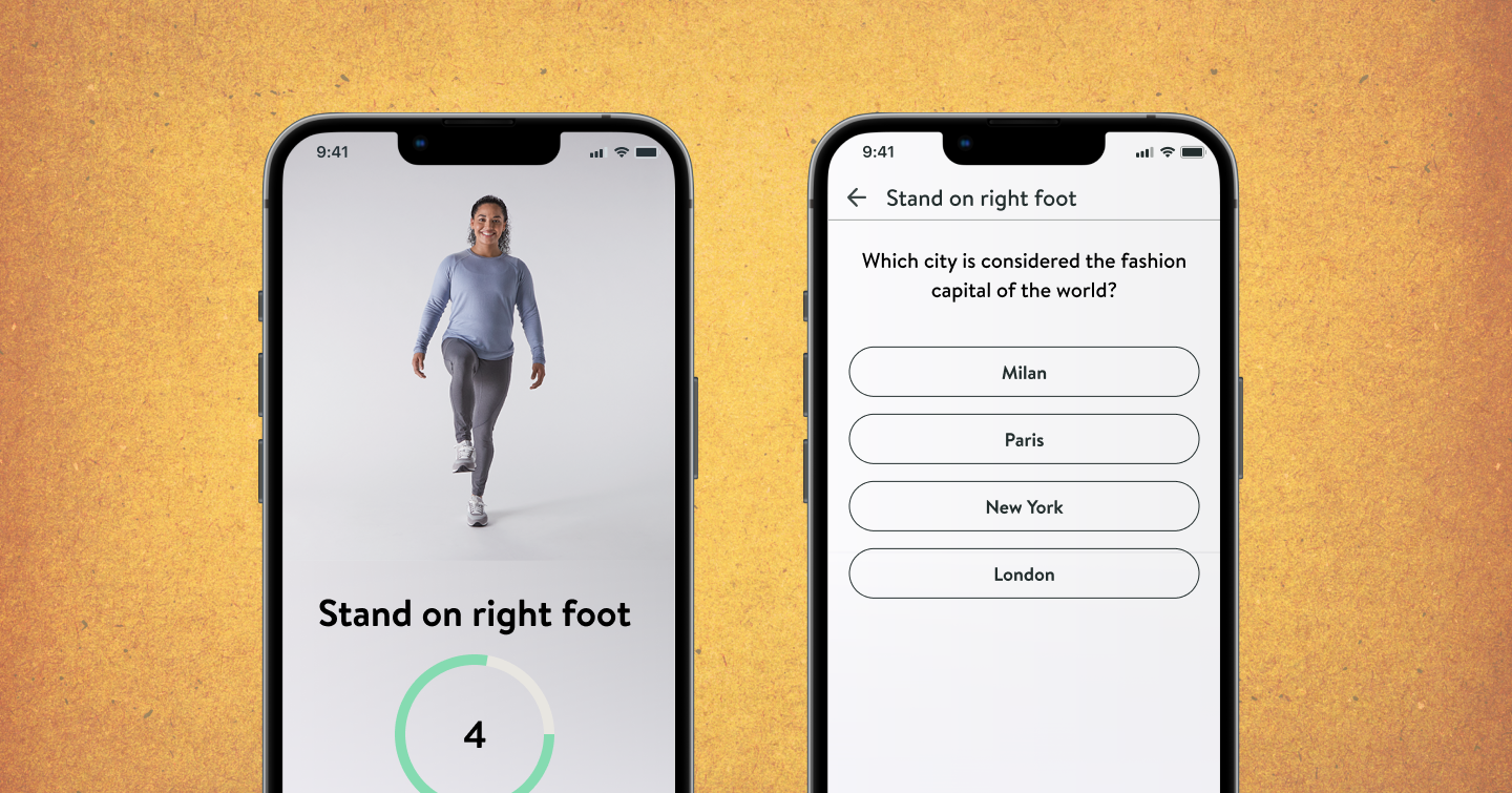 Person holding a squat while a phone shows a Hinge Health trivia quiz