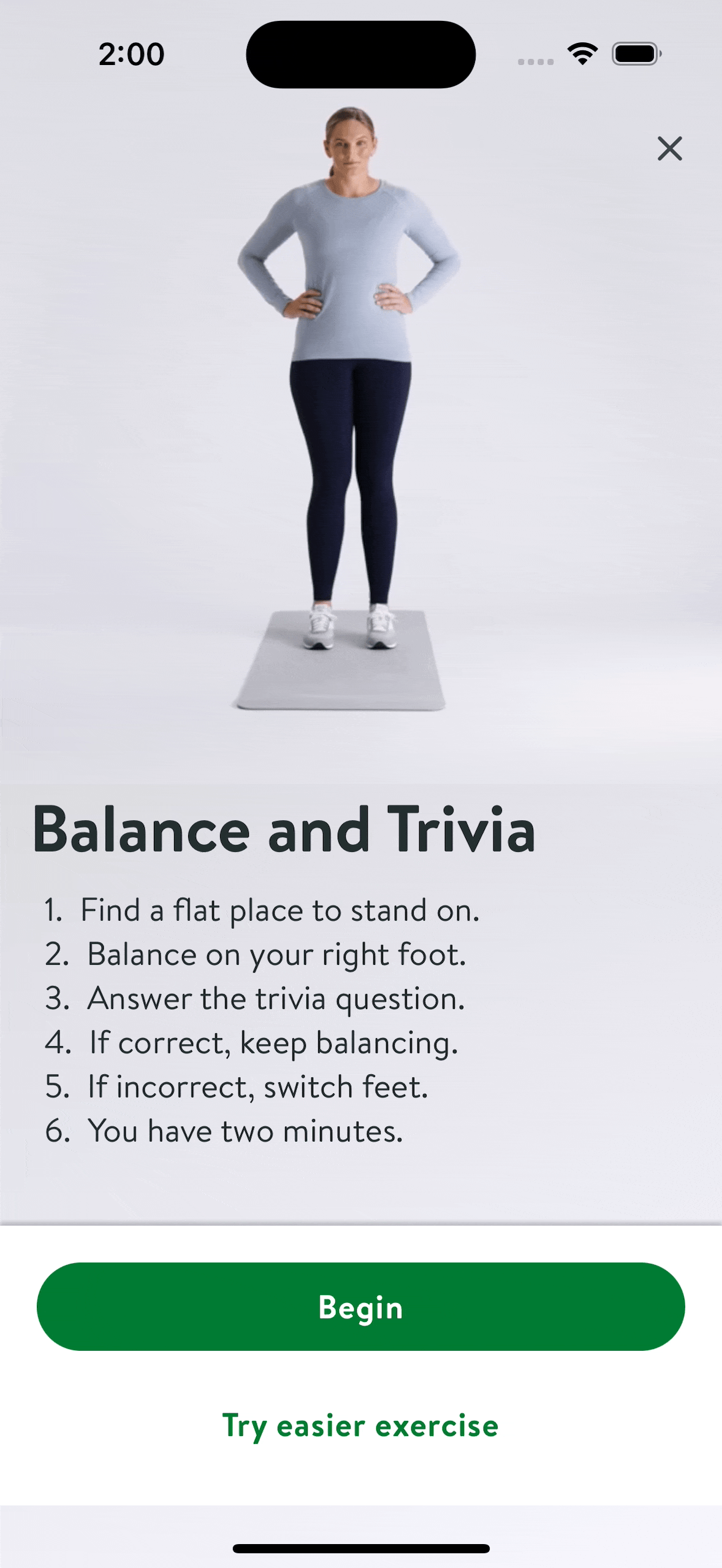Tandem stance prompt: stand with one foot in front of the other, heel to toe.