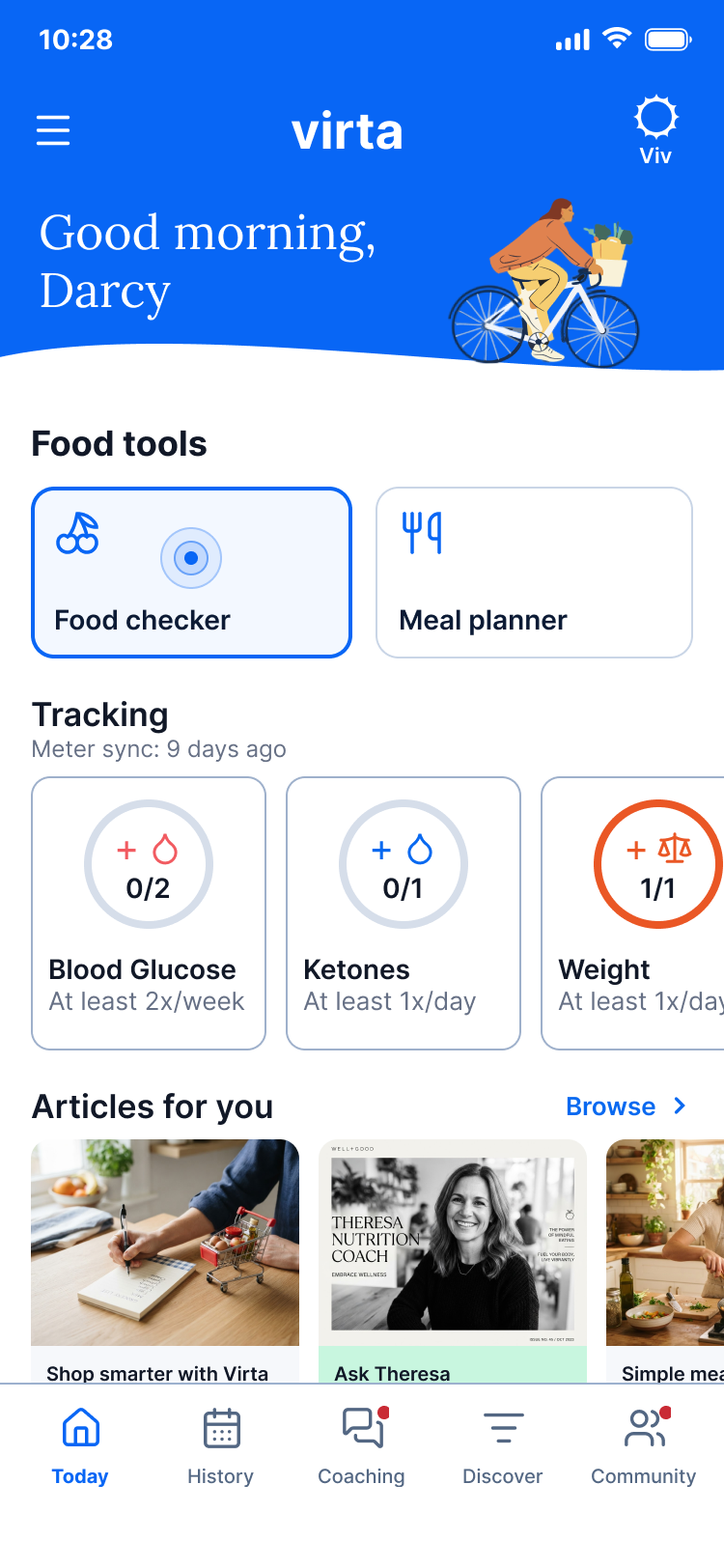 Virta home screen greeting Darcy, with a cyclist in the blue header, a tap on Food Checker, tracking rings, and a full Articles row