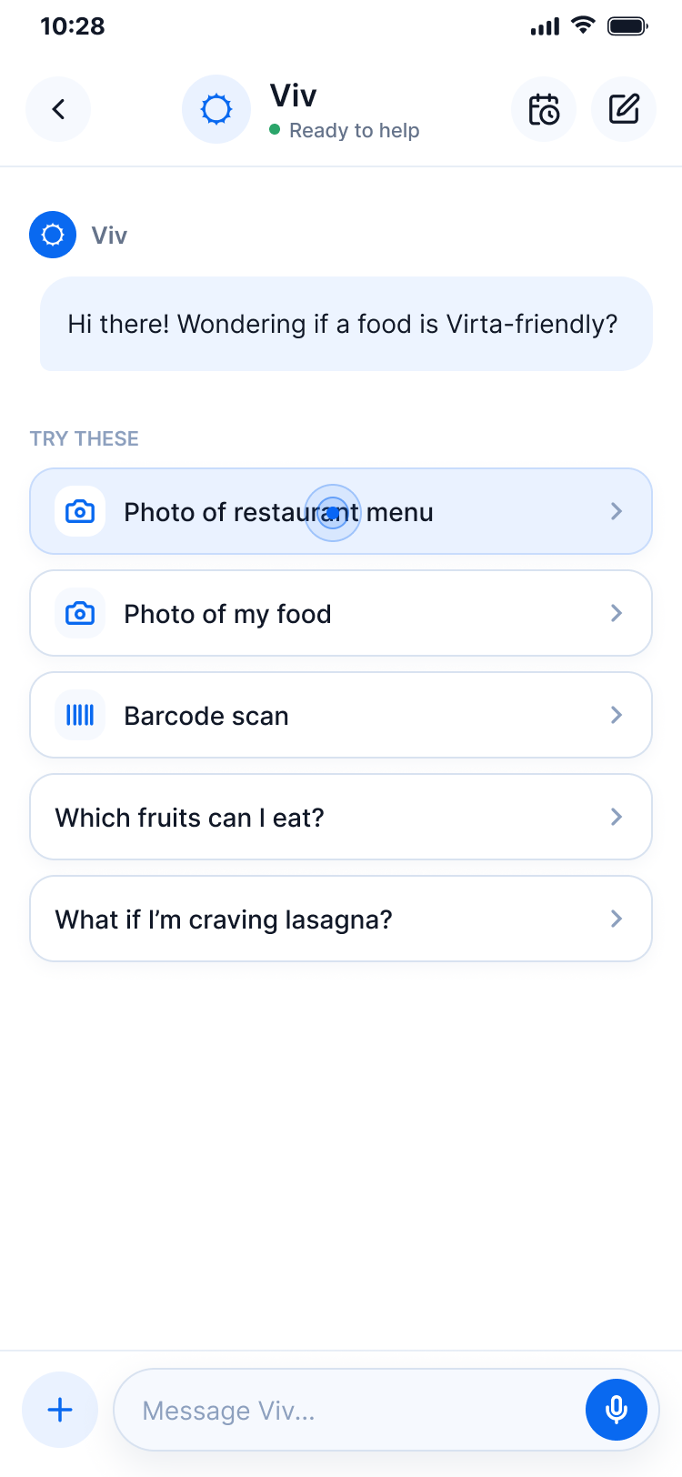 Viv chat asking if a food is Virta-friendly, with options to photograph a restaurant menu, photograph food, or scan a barcode