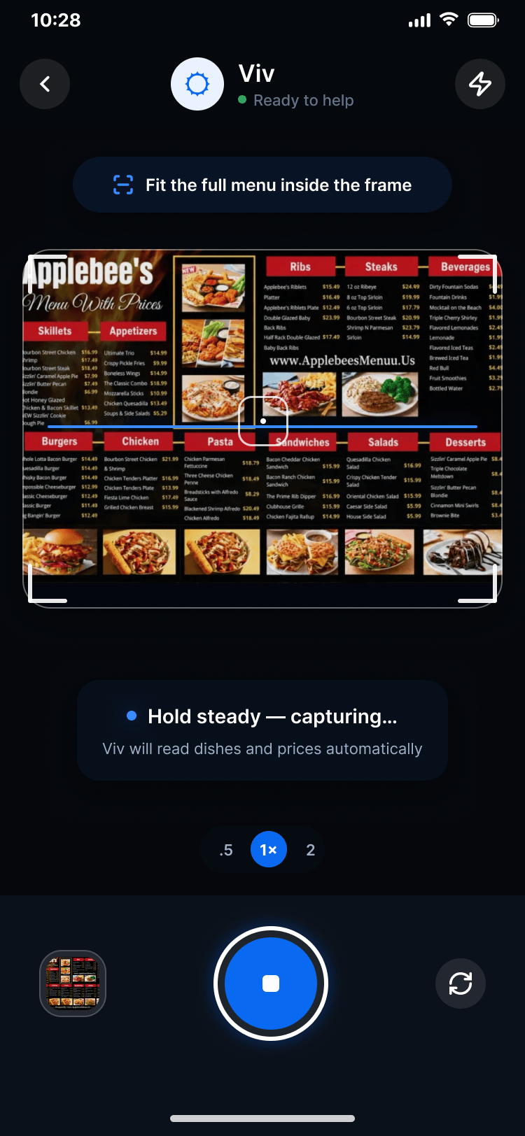 Camera framing an Applebee's menu, asking to fit the full menu inside the frame while Viv captures it