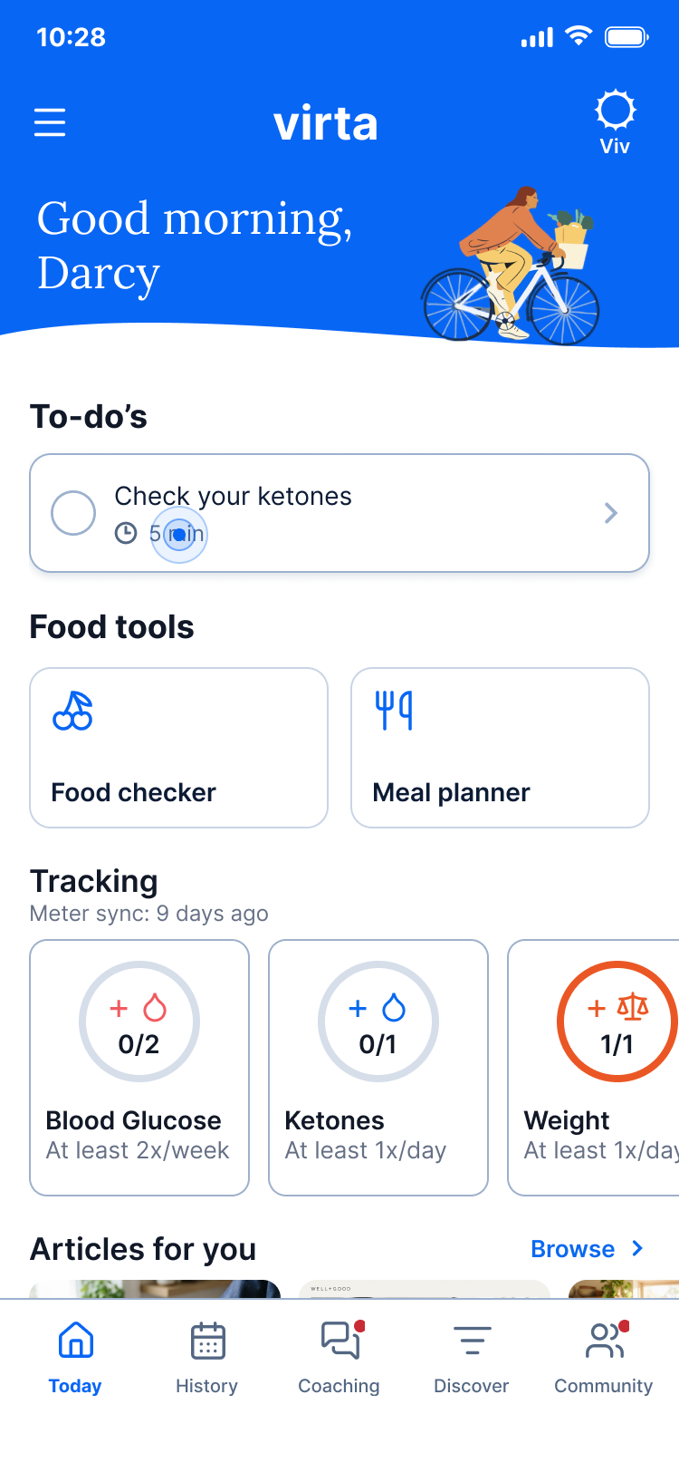 Virta home screen greeting Darcy, with a cyclist in the blue header and a tap on the Check your ketones to-do