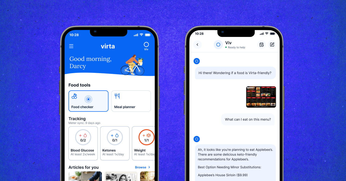 Two Virta phones: the home screen with Food Checker, and Viv answering about an Applebee's menu
