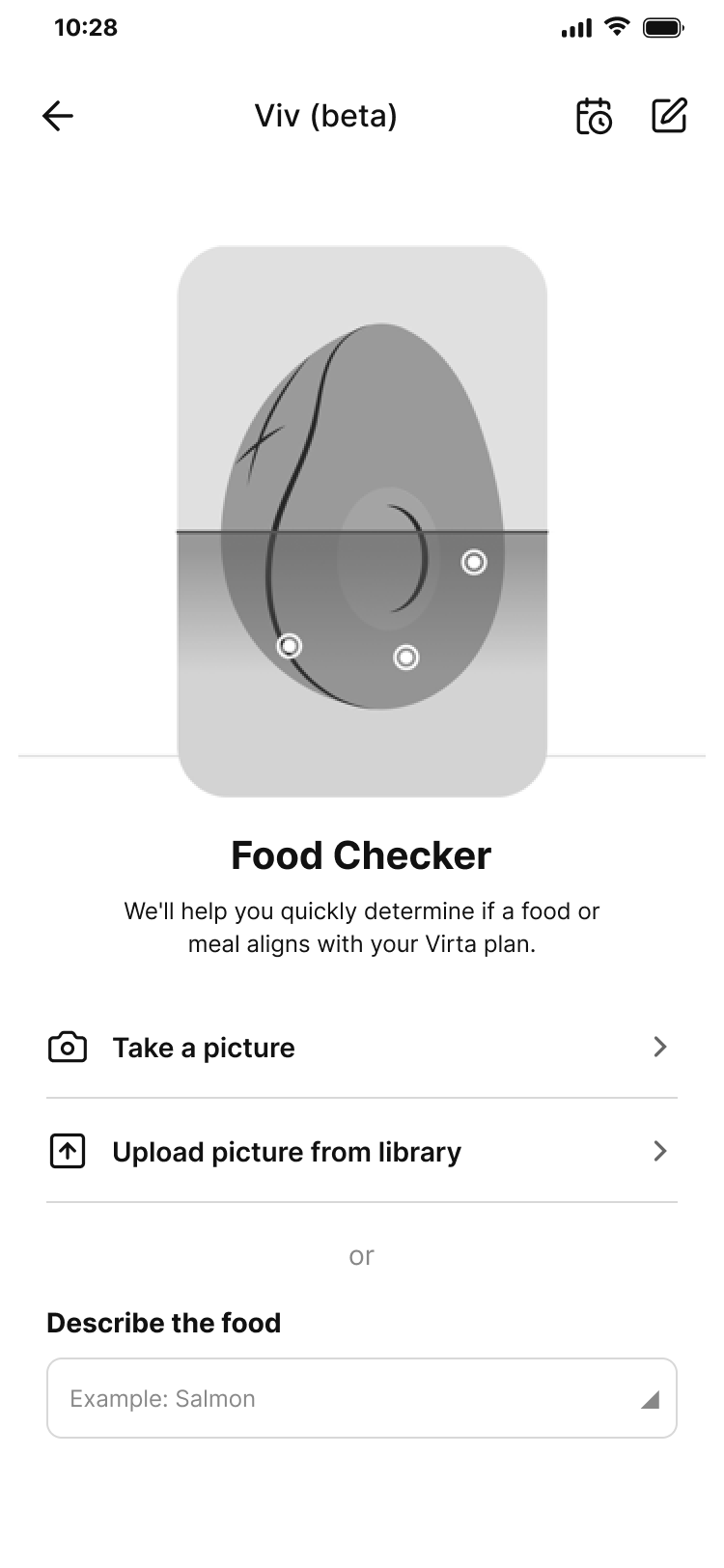 Low-fidelity Food Checker intro with an avocado illustration, offering a photo of a restaurant menu, a photo of food, or a barcode