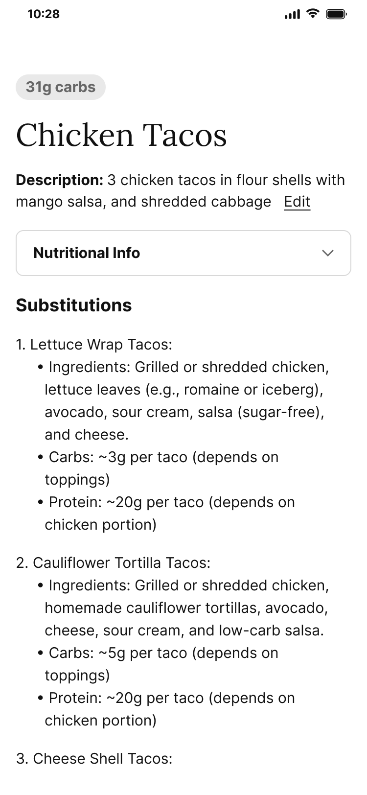 Low-fidelity Chicken Tacos result showing total carbs, protein, and low-carb substitutions such as a lettuce wrap or cheese shell