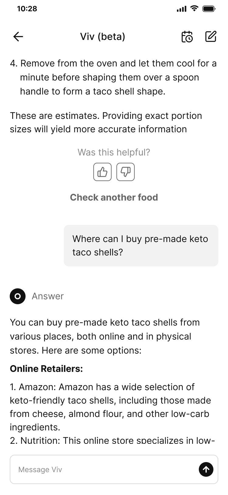 Low-fidelity follow-up chat about what keto taco shells are made from and whether they are low carb